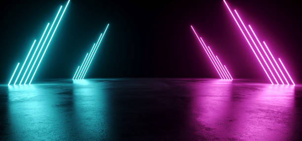 istock Empty Modern Sci Fi Futuristic Dark Room With Reflection Grunge Concrete Floor And Blue Purple Neon Glowing Electric Tube Shapes Lights With Black Background 3D Rendering 1053636944