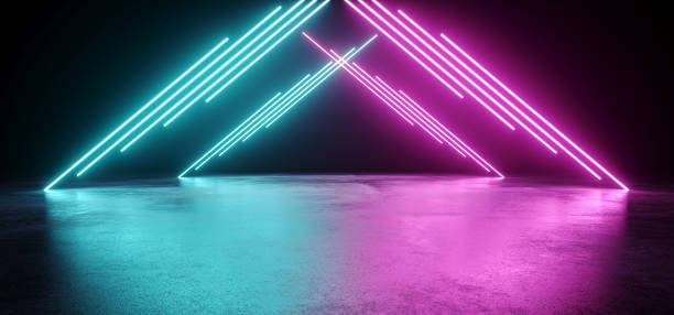 istock Empty Modern Sci Fi Futuristic Dark Room With Reflection Grunge Concrete Floor And Blue Purple Neon Glowing Electric Tube Triangle Shapes Lights With Black Background 3D Rendering 1053637128