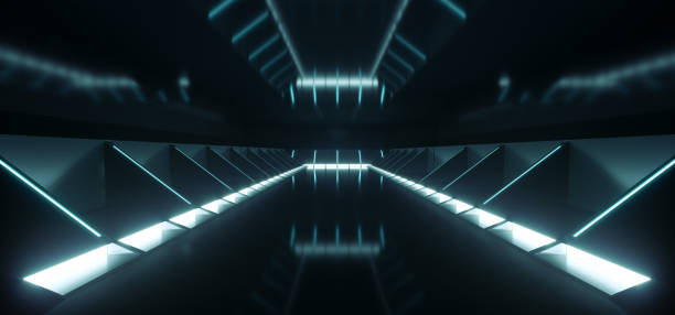 istock Futuristic Modern Sci Fi Dark Empty Spaceship Tunnel Corridor Room With Blue White Glowing Lights And Reflections Technology Concept Background 3D Rendering 1053637146
