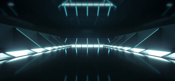 istock Futuristic Modern Sci Fi Dark Empty Spaceship Tunnel Corridor Room With Blue White Glowing Lights And Reflections Technology Concept Background 3D Rendering 1053637162