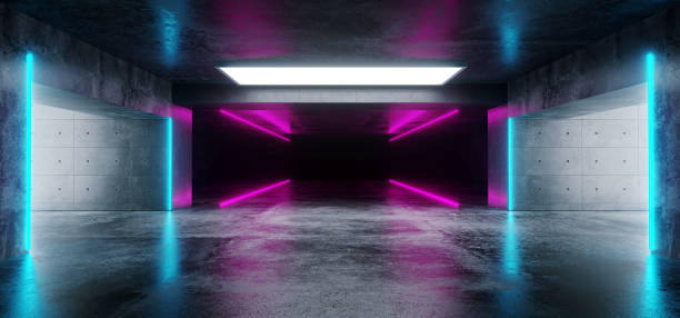 istock Sci-Fi Futuristic Modern Grunge Concrete Empty Underground Tunnel Corridor Garage With Reflections And Blue Purple Neon Glowing Tube Lights 3D Rendering 1053637198
