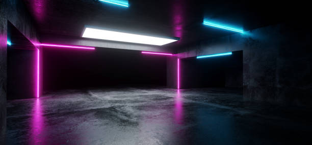 istock Sci-Fi Futuristic Modern Grunge Concrete Empty Underground Tunnel Corridor Garage With Reflections And Blue Purple Neon Glowing Tube Lights 3D Rendering 1053637398