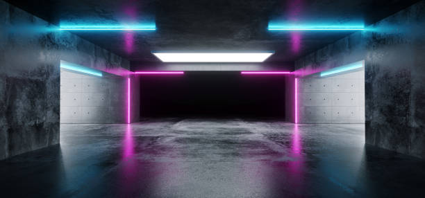 istock Sci-Fi Futuristic Modern Grunge Concrete Empty Underground Tunnel Corridor Garage With Reflections And Blue Purple Neon Glowing Tube Lights 3D Rendering 1053637408