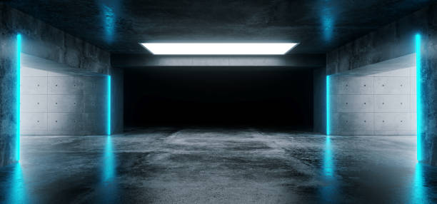 istock Sci-Fi Futuristic Modern Grunge Concrete Empty Underground Tunnel Corridor Garage With Reflections And Blue Neon Glowing Tube Lights 3D Rendering 1053637430