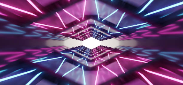istock Empty Modern Sci Fi Futuristic Dark Stage Metal Tunnel Corridor Construction  With Blue Purple Neon Glowing Electric Tube Lights With White Background Motion Blur 3D Rendering 1053637538