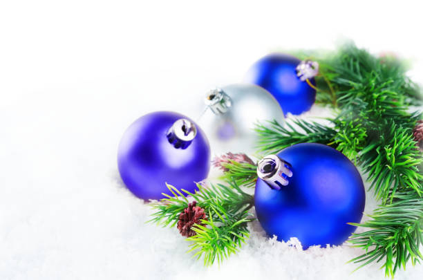 istock Christmas colored balls on snow isolated background. Christmas background concept 1053647430