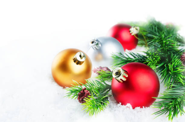 istock Christmas colored balls on snow isolated background. Christmas background concept 1053647436