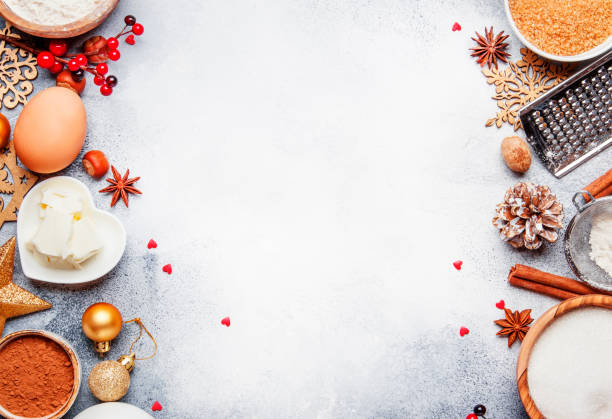 kompozycja świąteczno-noworoczna ze składnikami do pieczenia lub ciasteczkami - dessert spice baking cooking zdjęcia i obrazy z banku zdjęć