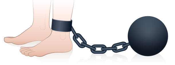 illustrazioni stock, clip art, cartoni animati e icone di tendenza di palla e catena della prigione. piede maschile incatenato. illustrazione vettoriale comica isolata su sfondo bianco. - debt trapped chain ball and chain