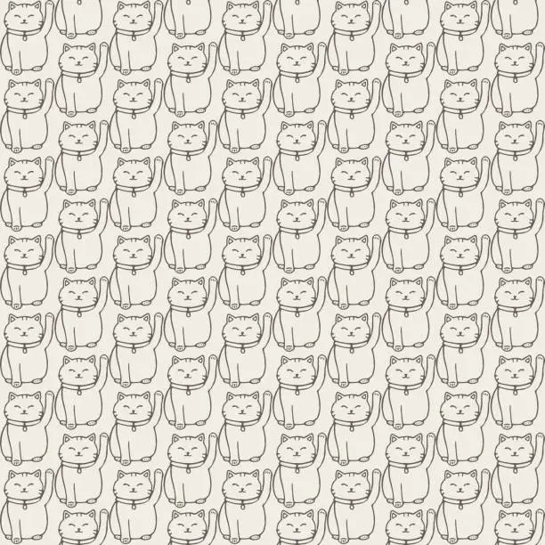 Vector illustration of Vector hand drawn seamless pattern with japanese maneki neko lucky cats contours. Cute asian background.