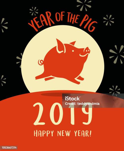 2019 Year Of The Pig Happy New Year Design With Cute Flying Pig Stock Illustration - Download Image Now