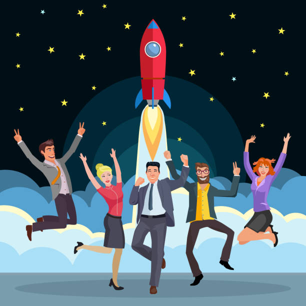 successful business startup conceptual illustration with business people jumping happy in front of launching rocket rocket launch platform stock illustrations
