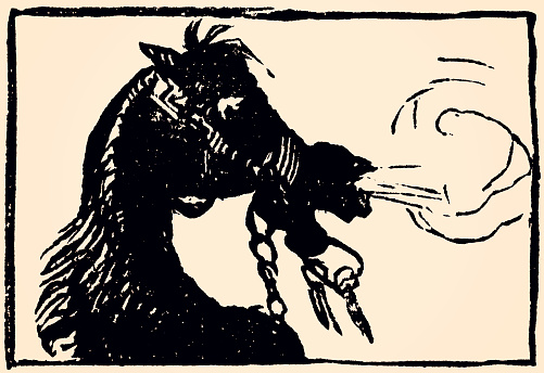 Drawing of a black horse in anger of the 19th century