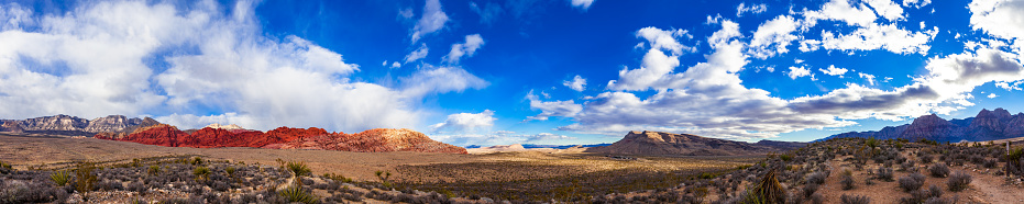 Panoramic view of Red Rock Canyon National Conversation Area with Calico Hill outside of Las Vegas, Nevada in the United States.