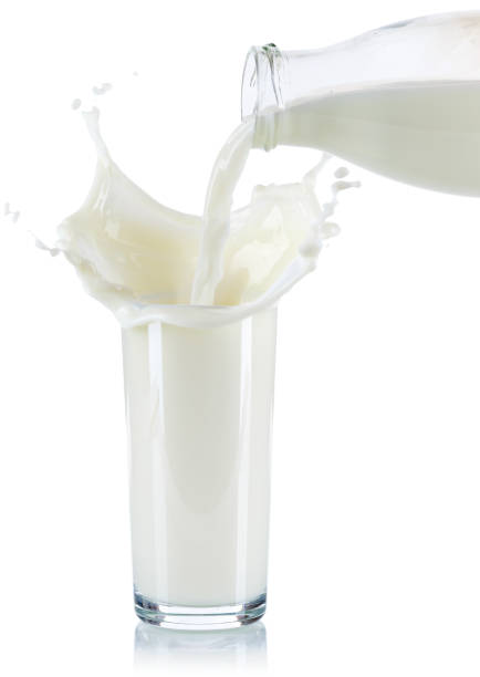 istock Milk splash splashing pouring pour glass bottle isolated on white 1053690164