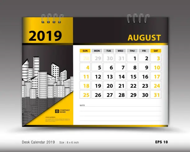 Vector illustration of Desk calendar for august 2019 template, Printable calendar, Planner design template, Week starts on Sunday, Stationery design, vector illustration