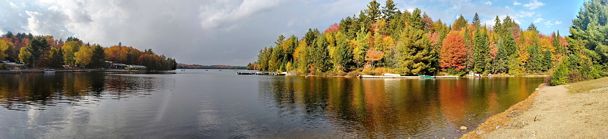 Panoramic of Fall colors in the wilderness, Ontario, Canada