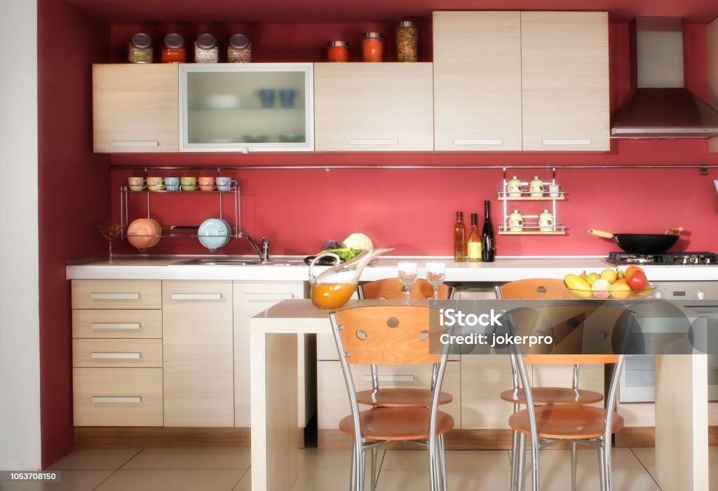 Close up wooden domestic kitchen Close up indoor image of modern domestic kitchen design Apartment Stock Photo