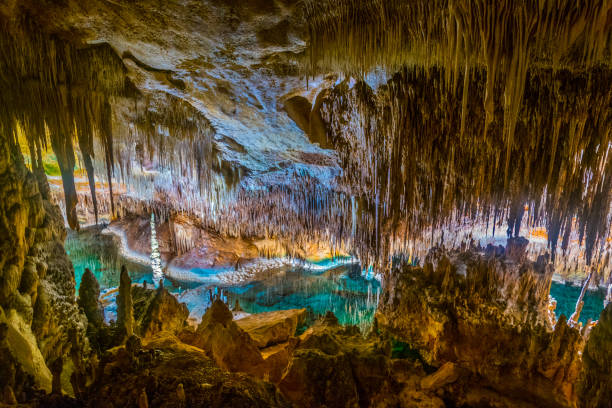 buchten del drac, mallorca - stalagmite stock-fotos und bilder