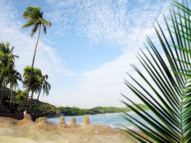 Sandy beach and palm trees over sky in little tropical island of Ko Samui, Thailand