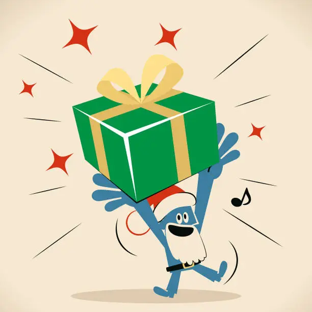 Vector illustration of Blue man with santa hat and beard carrying a huge gift box on head