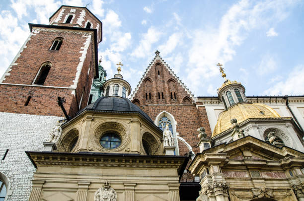 Wawel cathedral in Krakow, Poland seen from below during summer day Wawel cathedral in Krakow, Poland seen from below during summer day wawel cathedral photos stock pictures, royalty-free photos & images