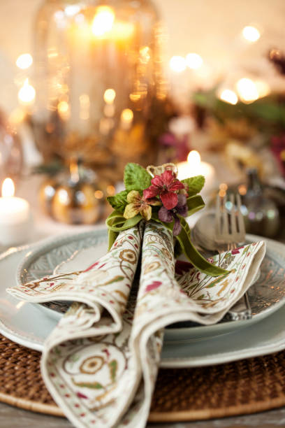 istock Autumn Thanksgiving dining table place setting on an old wood rustic table 1053722136