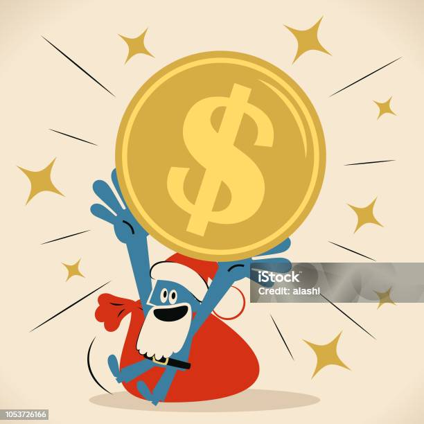 Blue Man With Santa Hat And Beard Carrying A Huge Dollar Currency On Head Stock Illustration - Download Image Now