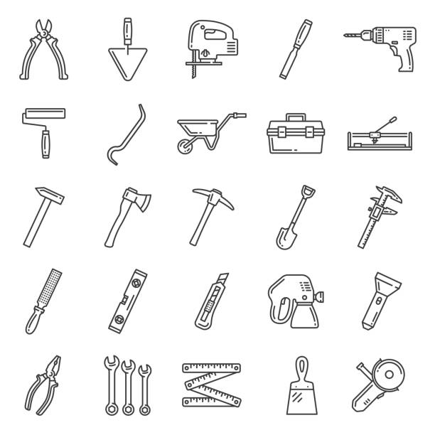 ilustraciones, imágenes clip art, dibujos animados e iconos de stock de reparación y construcción de herramientas, los iconos de línea delgada - pliers gardening equipment work tool equipment