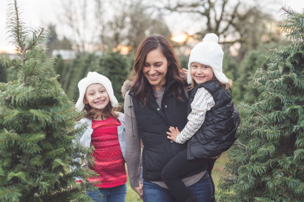 istock Mom walks through a Christmas tree farm with her daughters 1053730750