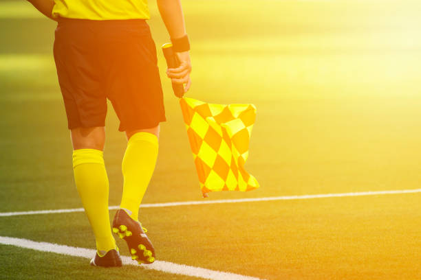 Soccer referee in action on a professional arena full of spectators