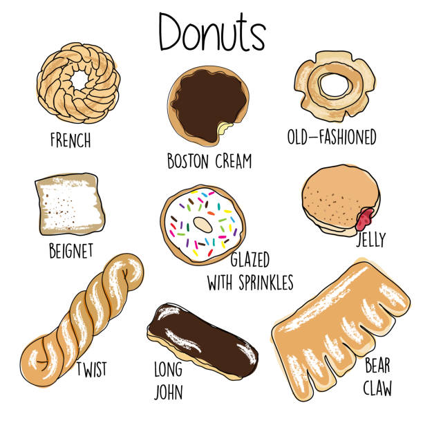 Donut drawing Trendy sweets vector set. Desserts donuts products. Illustrations in sketch style. Hand drawn design elements. clothing north america usa massachusetts stock illustrations