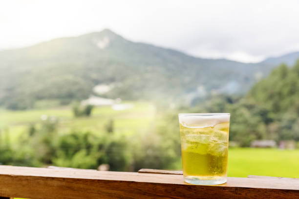 glass of beer with green nature scenery
