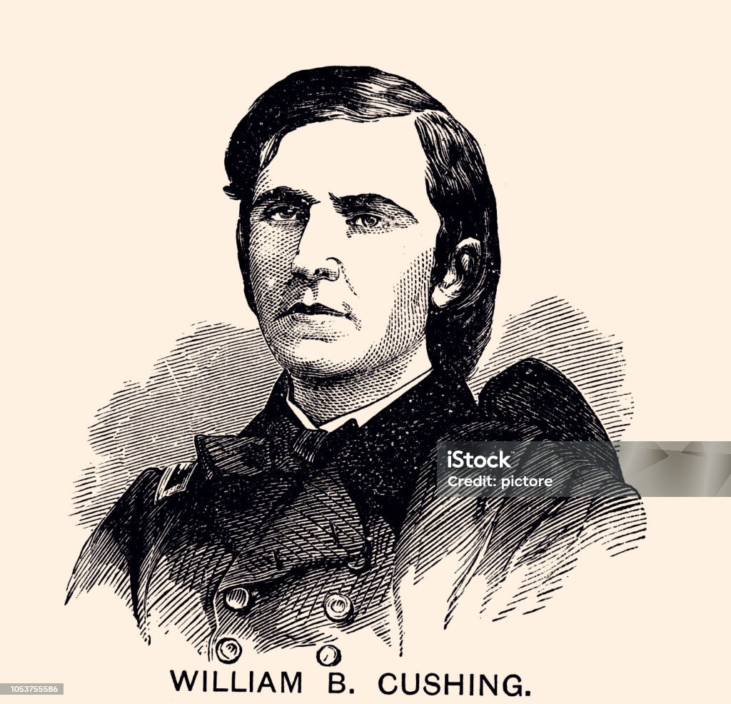 WILLIAM B. CUSHING (XXXL) Commander William Barker Cushing (4 November 1842 – 17 December 1874) was an officer in the United States Navy, 19th Century stock illustration