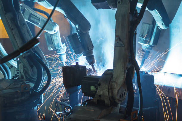 istock Welding robots movement in a car factory 1053757138