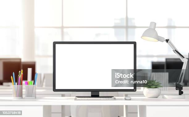Empty Computer Screen With Blurry Background 3d Render Stock Photo - Download Image Now