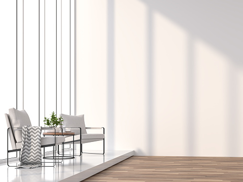 Minimal living room 3d rendering image.The Rooms have white wooden floors and white walls. There are white window overlooking to outside.