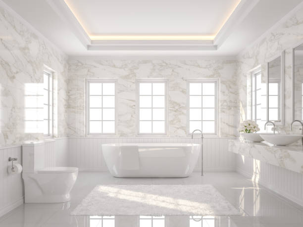 luksusowa biała łazienka 3d render - bathroom contemporary sparse bathtub zdjęcia i obrazy z banku zdjęć