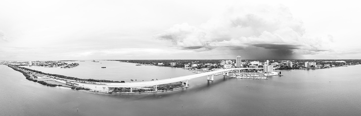 Aerial panoramic view of the downtown skyline and the Clearwater Memorial Causeway bridge in Clearwater, Florida.