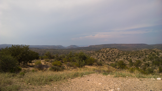 Landscape featuring distant mesas.