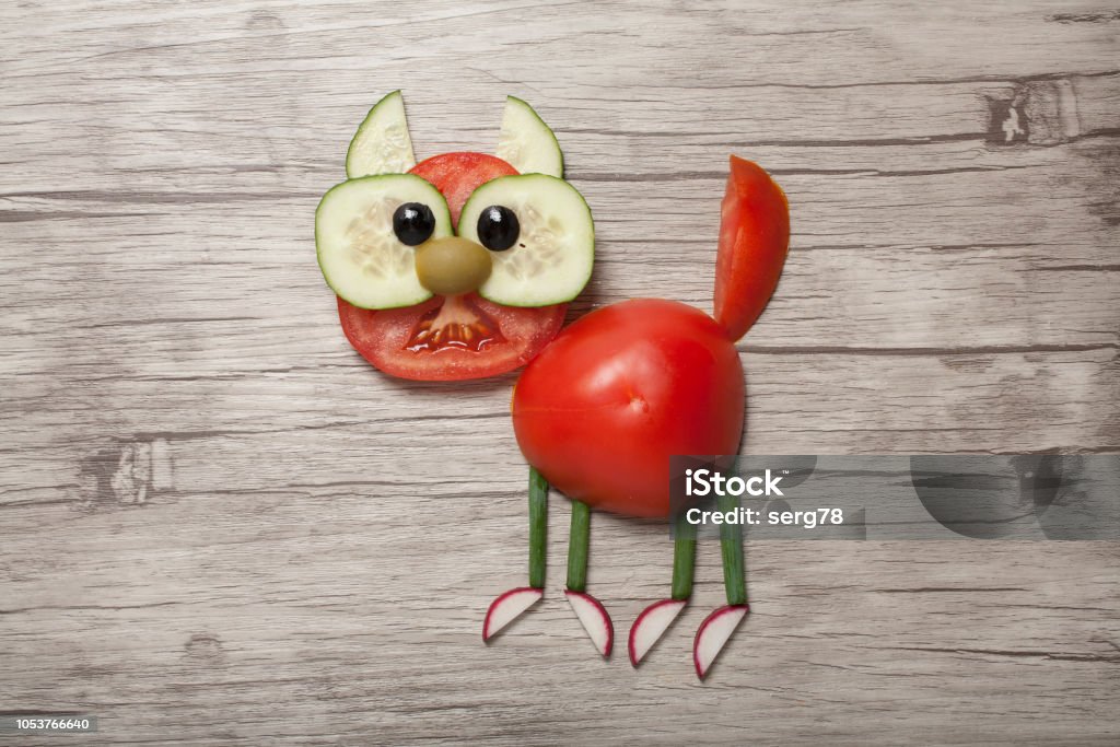 Funny Cat Compiled From Vegetables On Board Stock Photo - Download Image  Now - Animal, Backgrounds, Breakfast - iStock