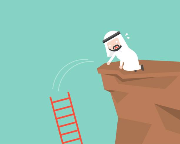 illustrazioni stock, clip art, cartoni animati e icone di tendenza di uomo d'affari arabo cadere scala in una scogliera, errore concetto - cliff ladder business problems