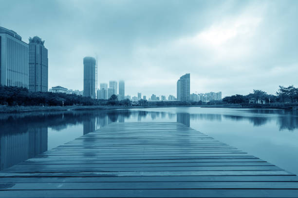 China Haikou Cityscape, high-rise by the lake.