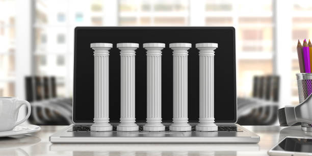 Five classical pillars on a computer, office background. 3d illustration Five classical pillars on a computer, blur office background. 3d illustration five columns stock pictures, royalty-free photos & images