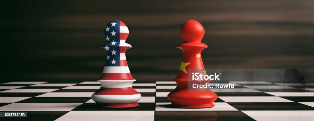 USA and China flags on chess pawns on a chessboard. 3d illustration USA and China cooperation concept. US America and China flags on chess pawns soldiers on a chessboard. 3d illustration China - East Asia Stock Photo