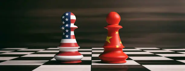 USA and China cooperation concept. US America and China flags on chess pawns soldiers on a chessboard. 3d illustration