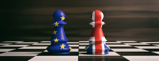 Brexit concept. Great Britain and European Union flags on chess pawns soldiers on a chessboard. 3d illustration