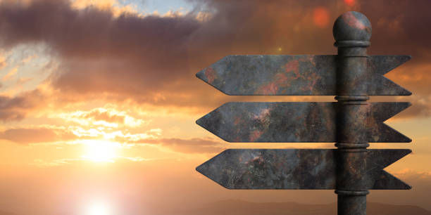 istock Metal pointer signposts on pole, isolated on sunset background. 3d illustration 1053768480
