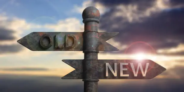 Old and new written on signposts isolated on sky at sunset or sunrise background. 3d illustration