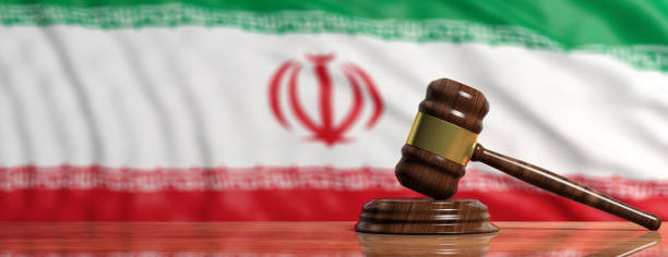 Judge or auction gavel on Iran flag background. 3d illustration stock photo